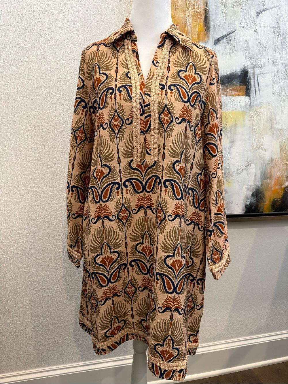 JODIFL Beige Patterned Long-Sleeve Tunic Dress with Navy & Rust Motif